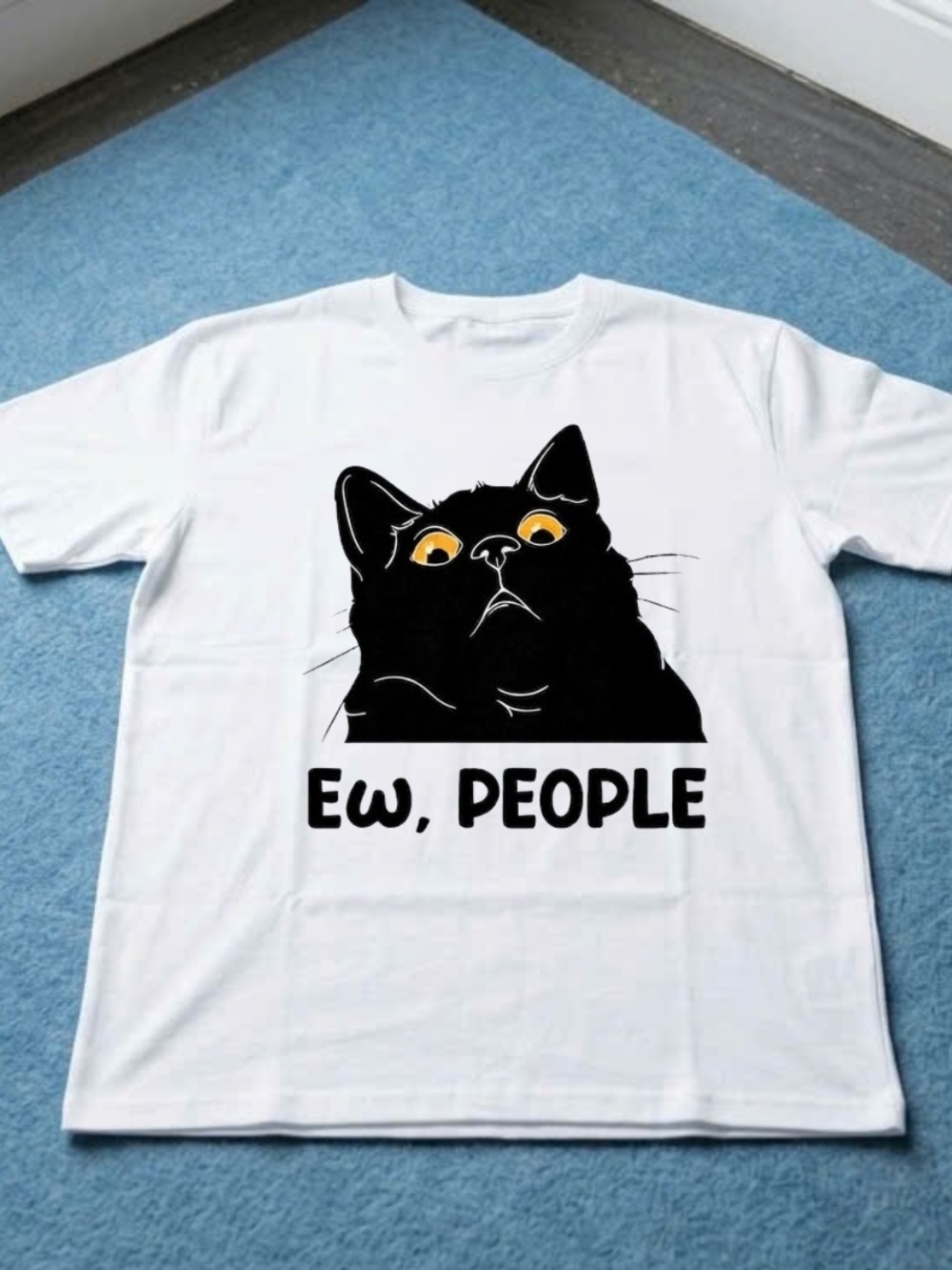 Gildan White Tee with Black Cat Graphic and Yellow Eyes
